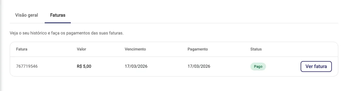 Aba Faturas com a tabela de faturas e o botão Ver fatura