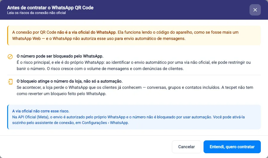Aviso Antes de contratar o WhatsApp QR Code, com os riscos da conexão não oficial