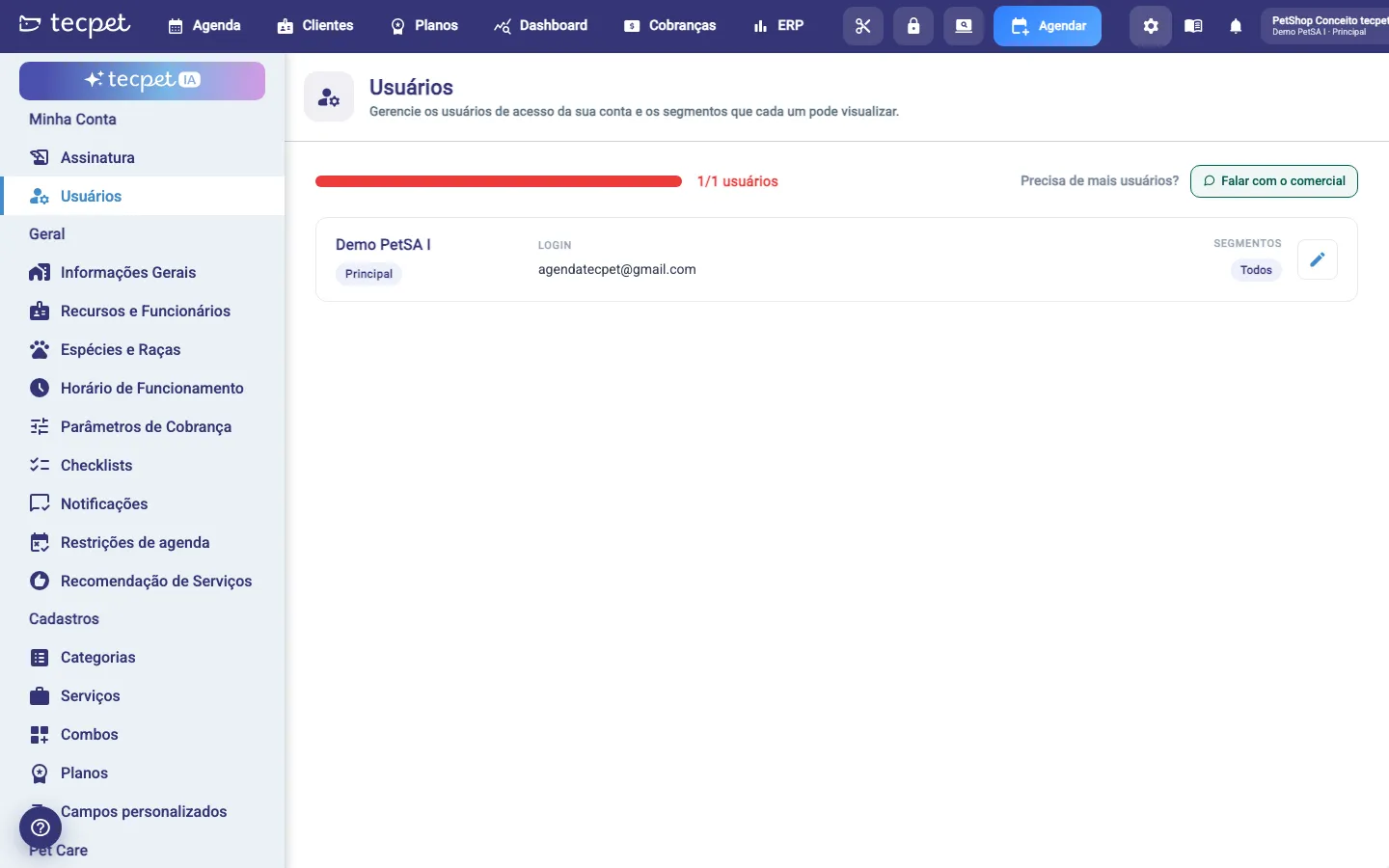 Tela de Usuários com o contador de usuários e a lista de logins