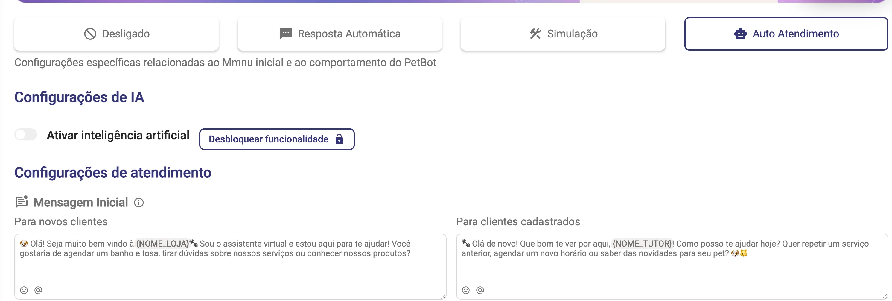 Mensagem inicial do novo chatbot: versões para novos clientes e para clientes cadastrados