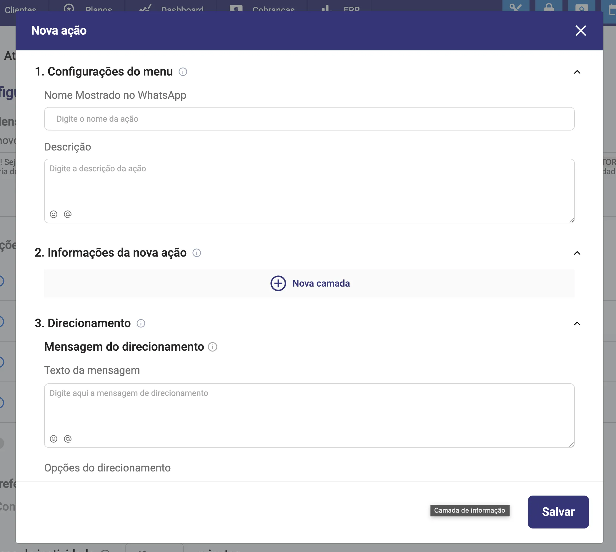 Nova ação personalizada: menu, camadas de informação e direcionamento
