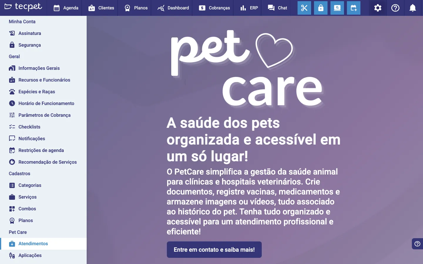 Tela de apresentação do Pet Care para contas que ainda não contrataram o módulo
