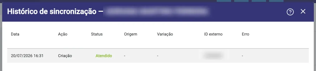 Janela Histórico de sincronização com as colunas Data, Ação, Status, Origem, Variação, ID externo e Erro