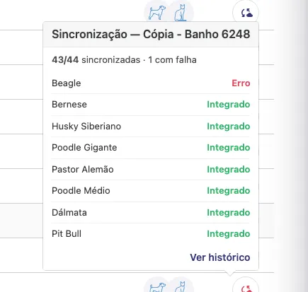 Balão Sincronização com o resumo 43/44 sincronizadas · 1 com falha e uma linha por variação de preço, com Integrado ou Erro