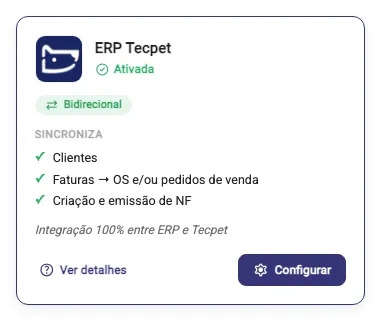 Cartão do ERP tecpet: logo, nome, selo Ativada, pílula Bidirecional, lista Sincroniza, nota e os botões Ver detalhes e Configurar.