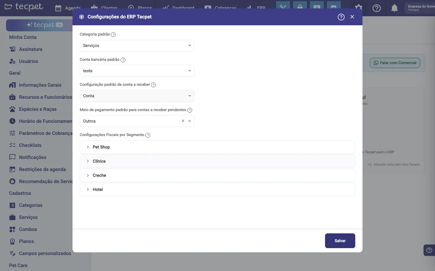 Modal Configurações do ERP tecpet com os campos Categoria padrão, Conta bancária padrão, Configuração padrão de conta a receber, Meio de pagamento padrão e as Configurações Fiscais por Segmento.