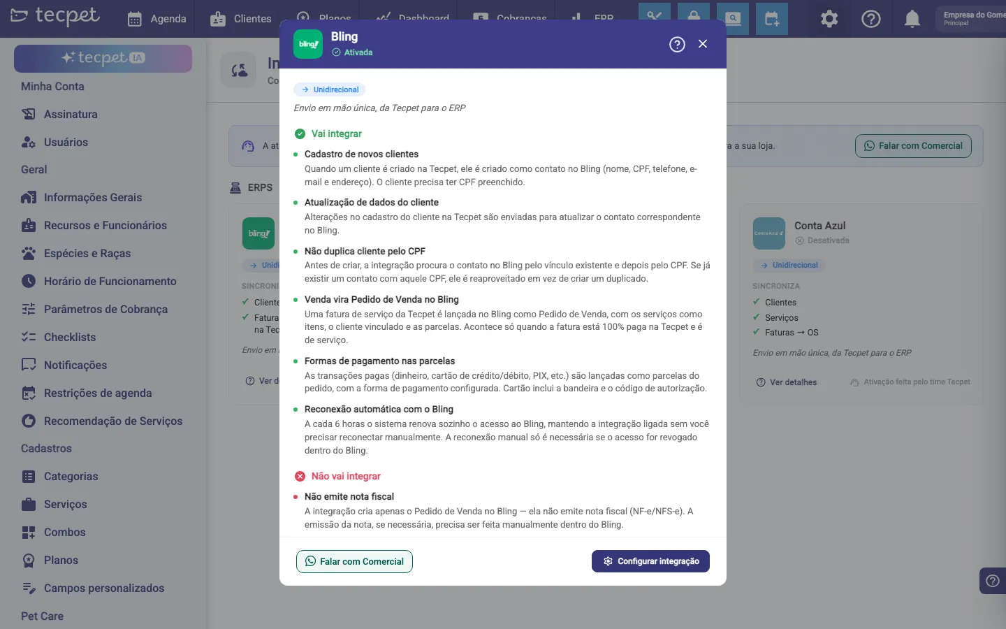Modal de detalhes do Bling, com a seção Vai integrar completa e o início da seção Não vai integrar.