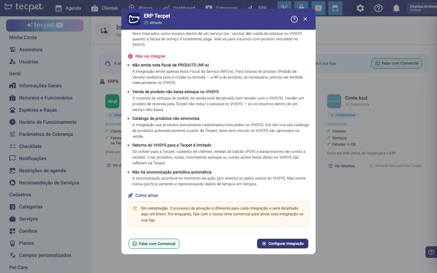 Modal de detalhes do ERP tecpet rolado até a seção Não vai integrar, com os cinco limites listados.