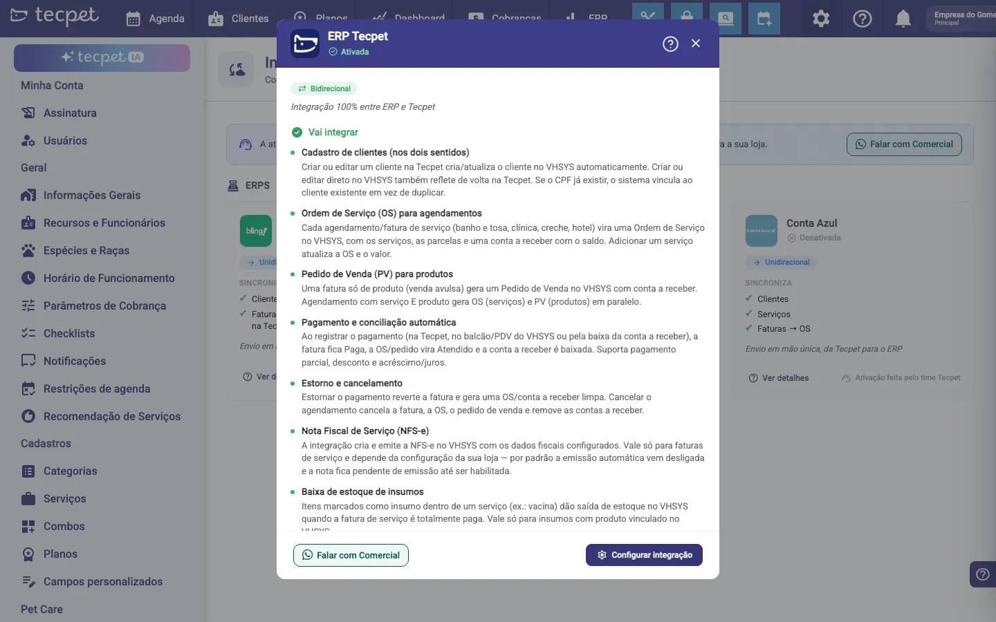 Modal de detalhes do ERP tecpet aberto na seção Vai integrar, com os sete itens listados.