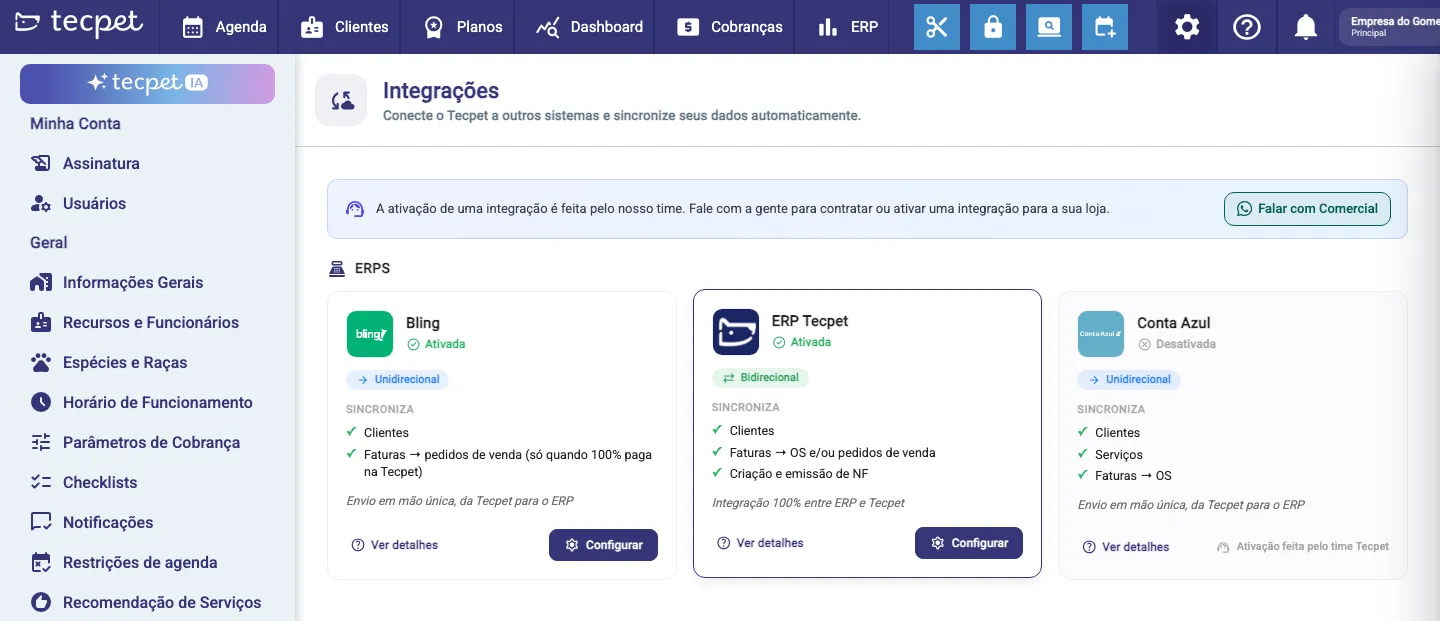 Tela de Integrações: título, faixa azul com o botão Falar com Comercial e a seção ERPS com os cartões dos ERPs disponíveis.