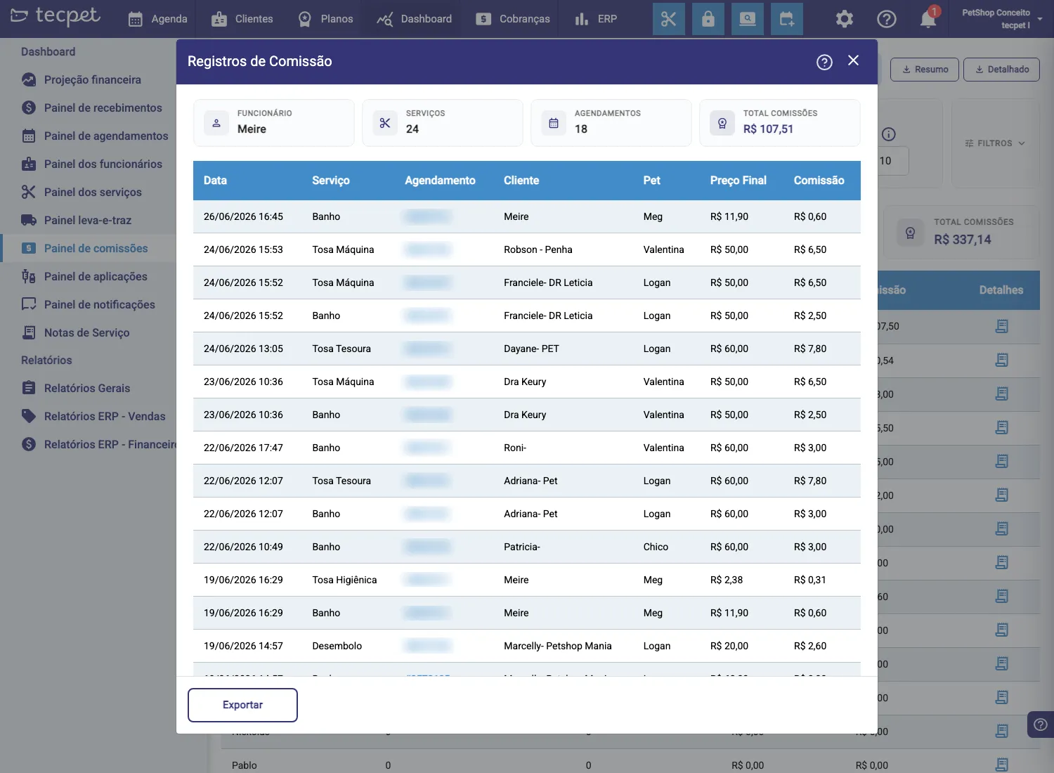 Modal Registros de Comissão com Data, Serviço, Agendamento, Cliente, Pet, Preço Final e Comissão.