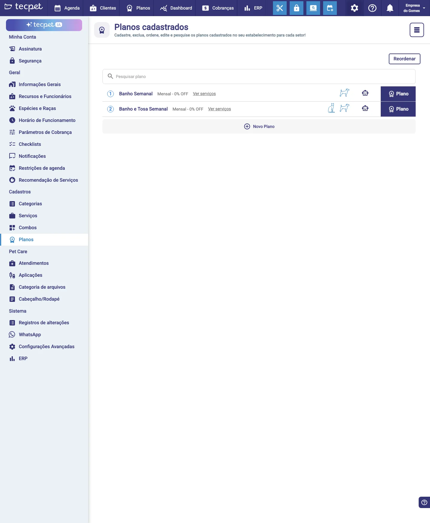 Tela "Planos cadastrados" em Configurações → Cadastros → Planos, com a lista de planos e o botão Novo Plano