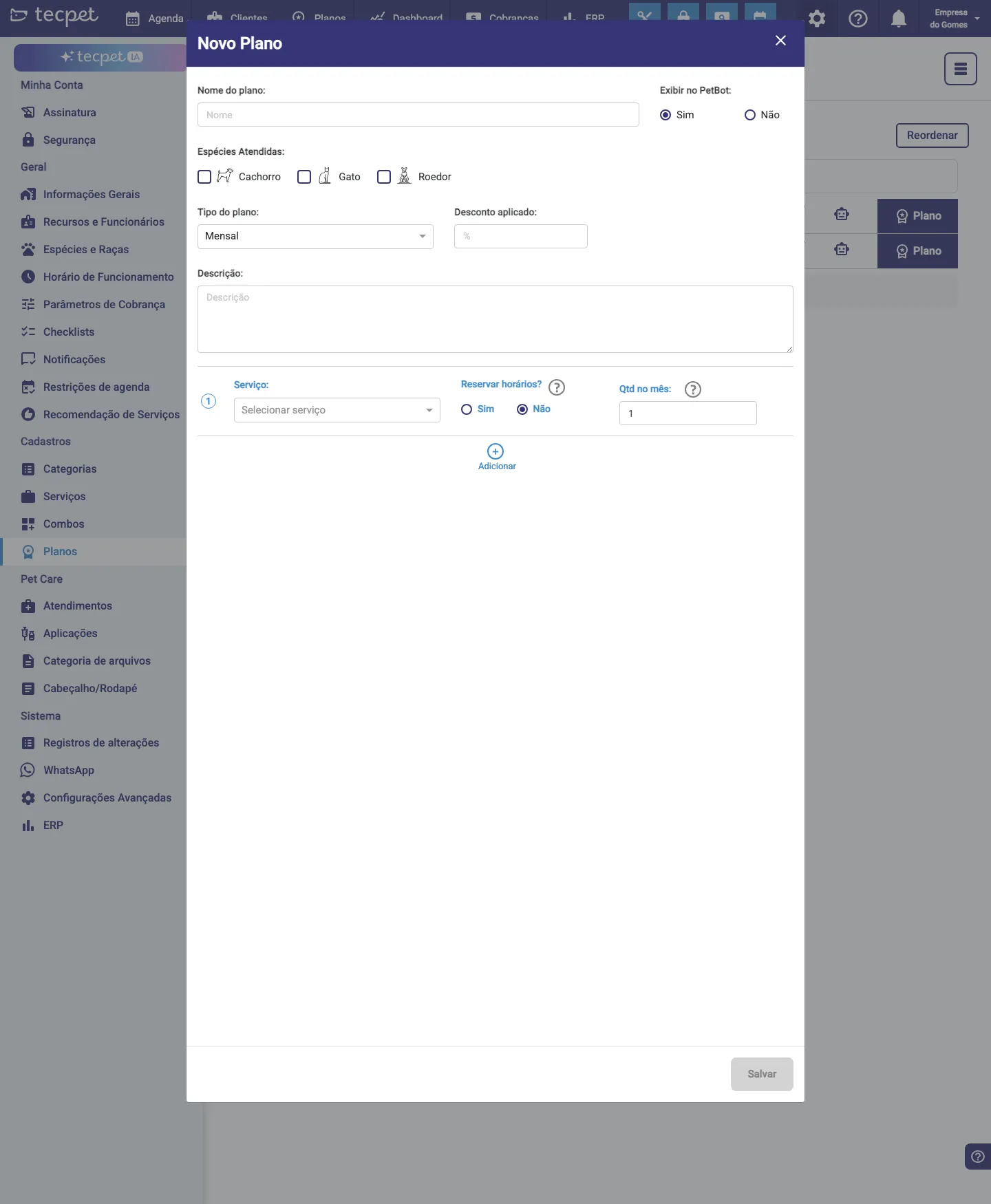 Janela Novo Plano com os campos: Nome, Exibir no PetBot, Espécies Atendidas, Tipo do plano, Desconto, Descrição e Serviço
