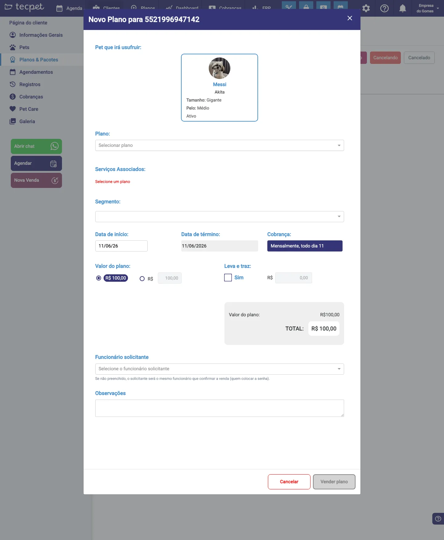 Janela Novo Plano para o cliente: escolher o pet, o plano, segmento, datas, cobrança, valor, leva e traz, funcionário e observações