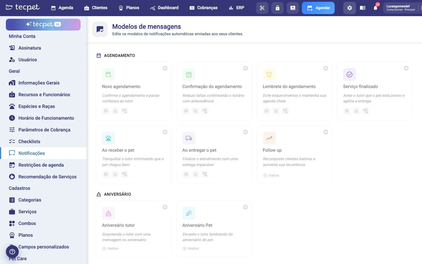 Tela de Modelos de mensagens, em Configurações, com os cartões de notificação agrupados por Agendamento e Aniversário e o marcador Inativa nos que estão desligados.