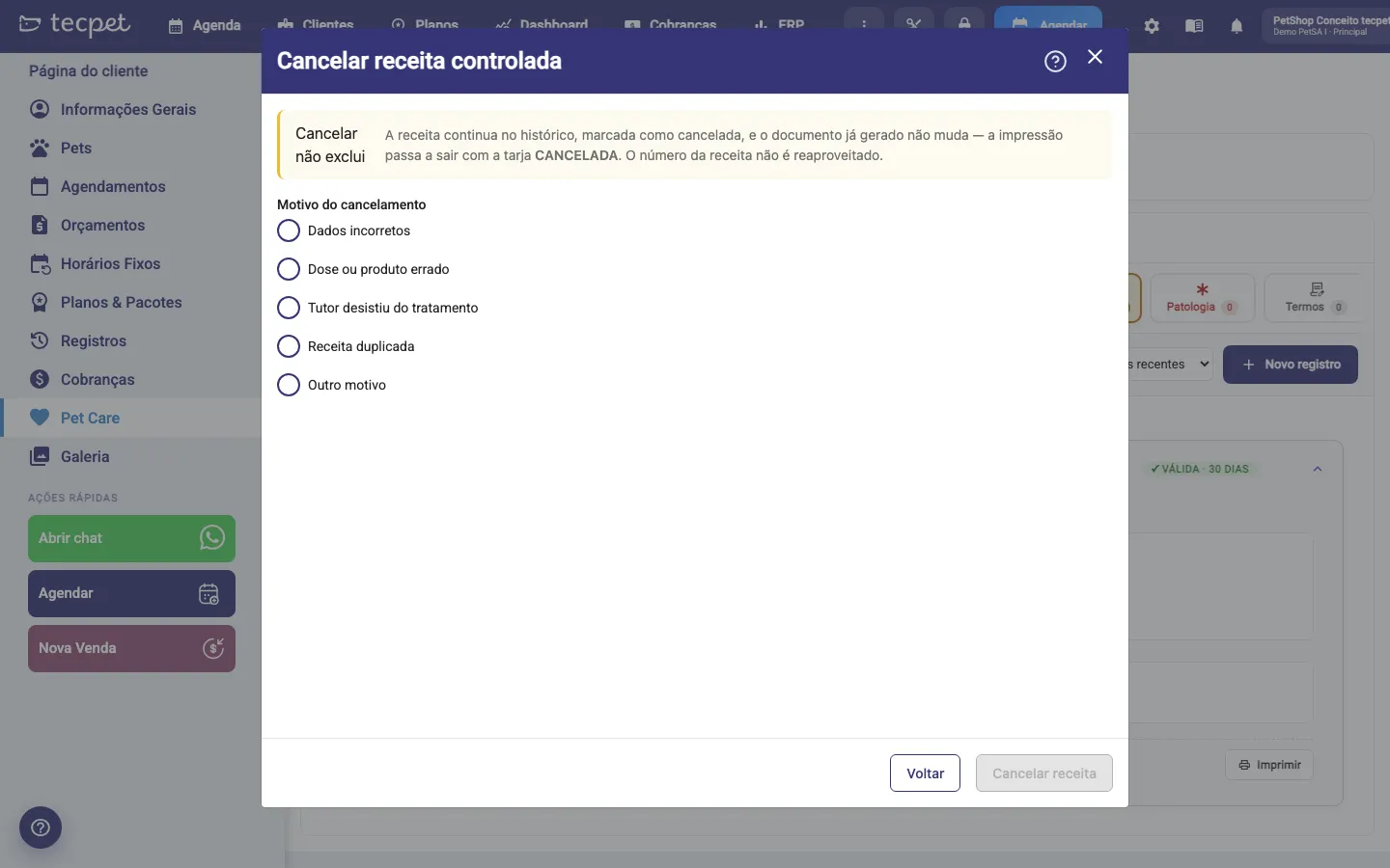 Janela Cancelar receita controlada com o aviso Cancelar não exclui e os cinco motivos de cancelamento