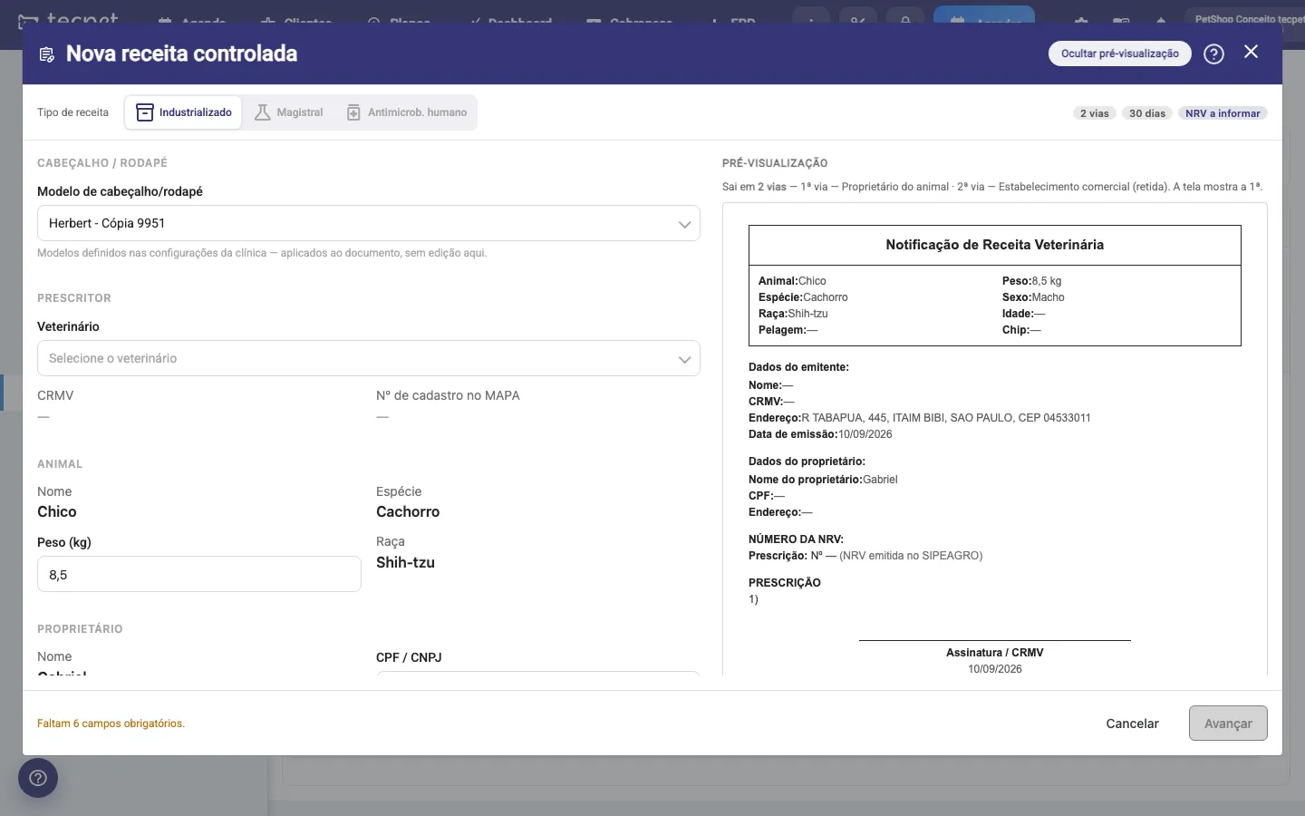 Janela Nova receita controlada aberta em Industrializado, com as etiquetas 2 vias, 30 dias e NRV a informar e a pré-visualização