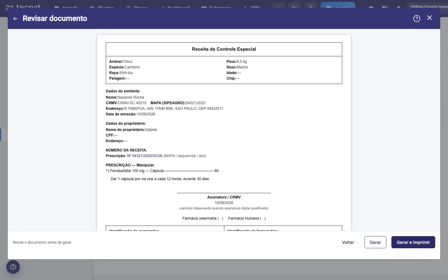 Tela Revisar documento com a 1ª via da receita magistral e os botões Voltar, Gerar e Gerar e imprimir