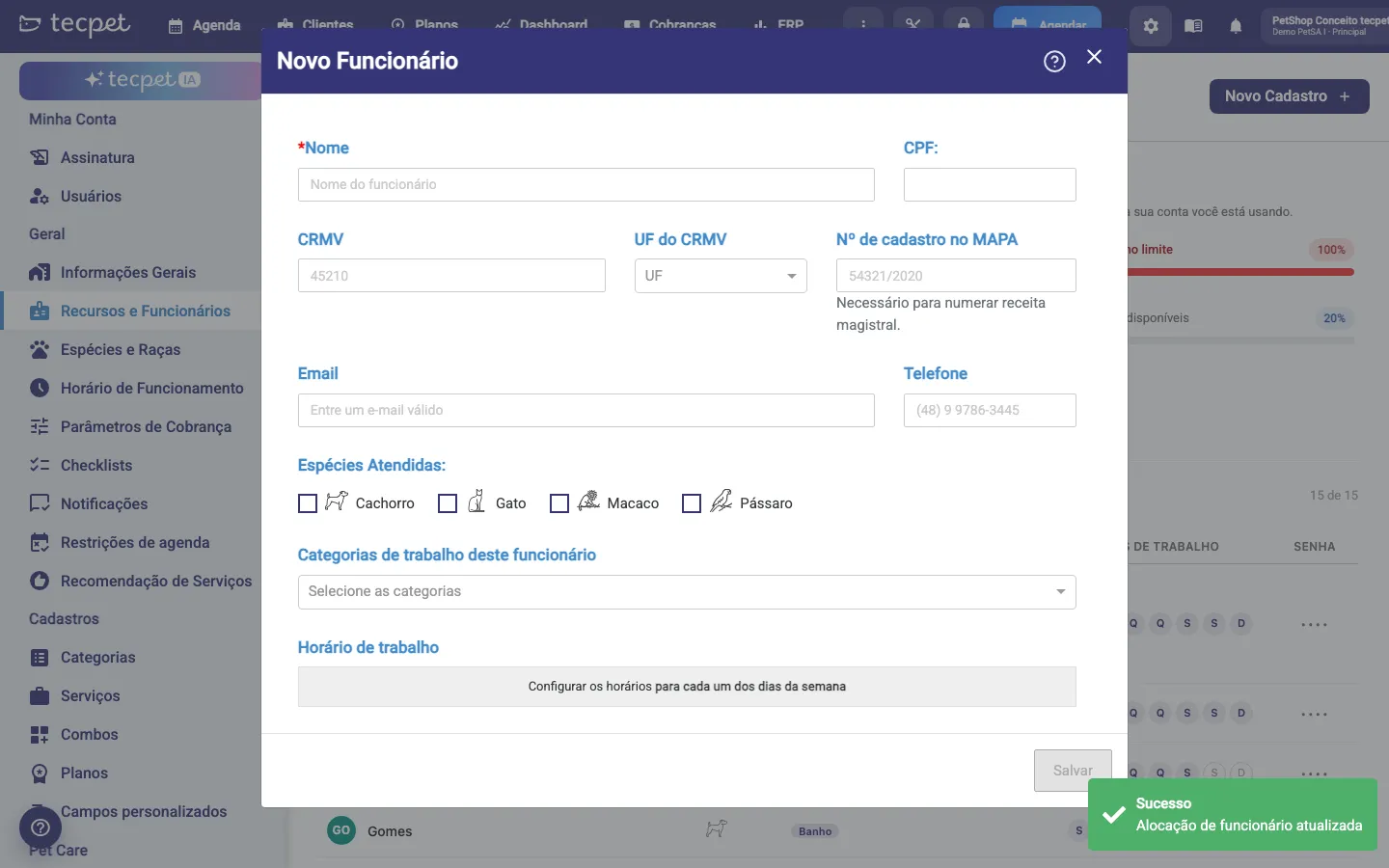 New Staff form with data, CRMV, species, categories and working hours