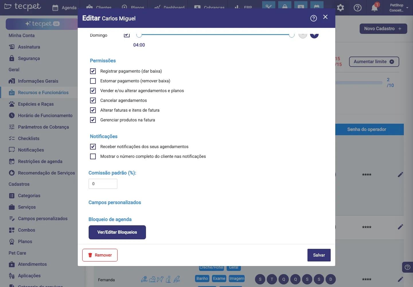 Seção de Permissões e Notificações do funcionário, com a opção Mostrar o número completo do cliente nas notificações