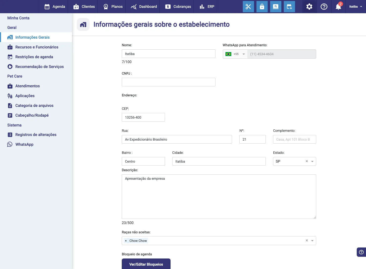 Menu de configurações da filial, reduzido, sem os cadastros da rede