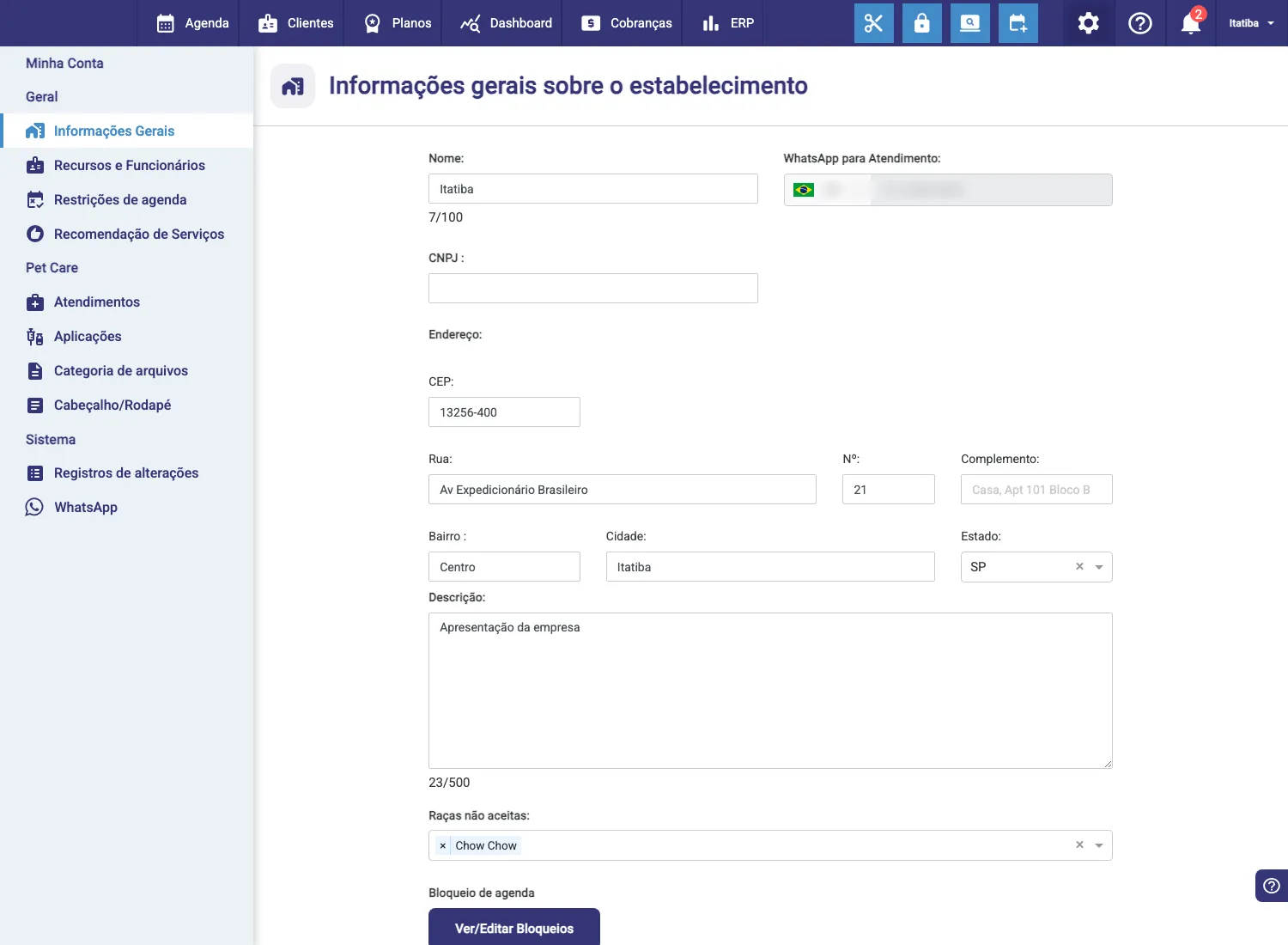 Menu de configurações da filial, reduzido, sem os cadastros da rede
