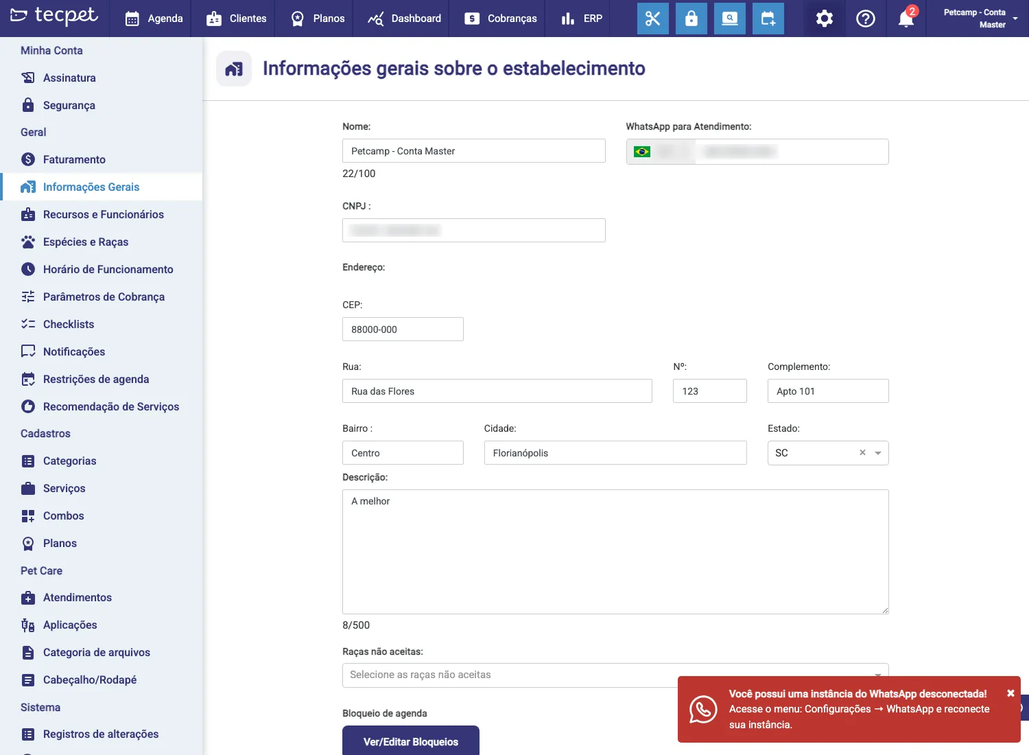 Menu de configurações da matriz, completo, com Cadastros e a gestão da rede