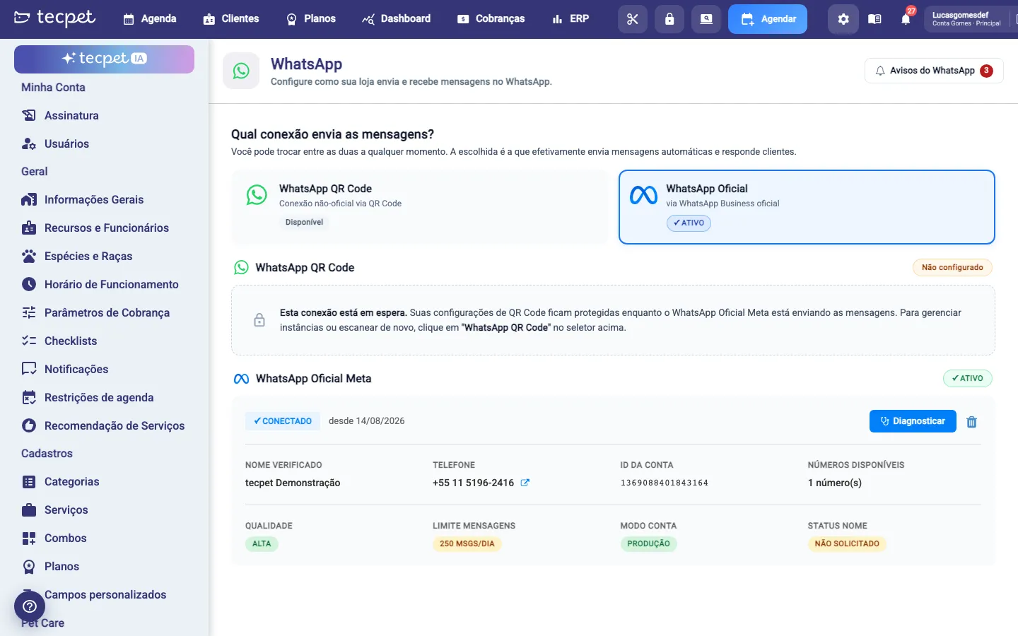 Painel de WhatsApp com o cartão do WhatsApp Oficial Meta conectado: nome verificado, telefone, ID da conta, qualidade, limite de mensagens por dia, modo conta e status do nome.