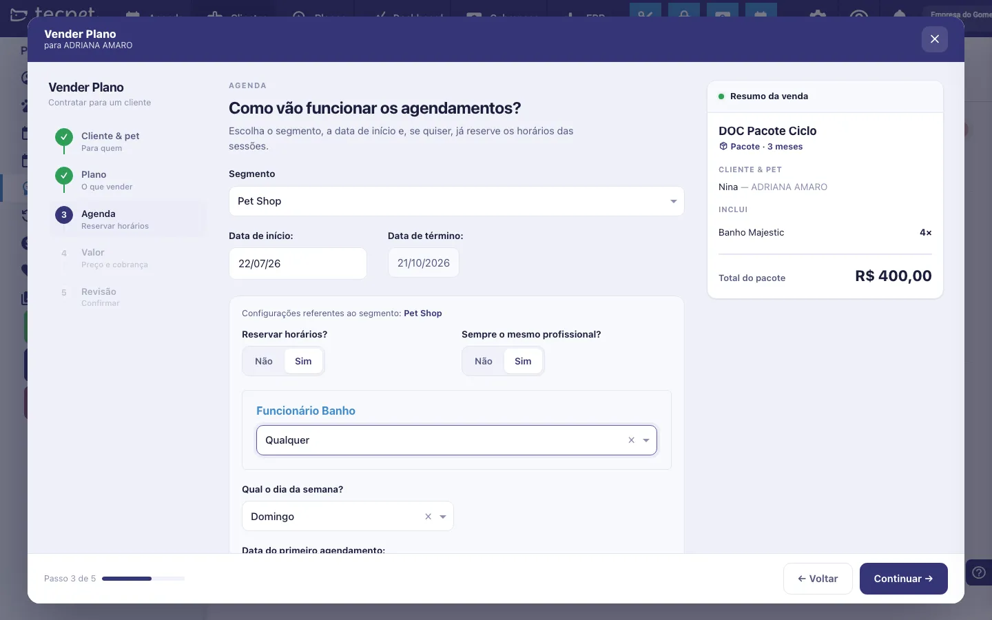 Etapa 3 com Sempre o mesmo profissional marcado como Sim, exibindo o seletor Funcionário Banho