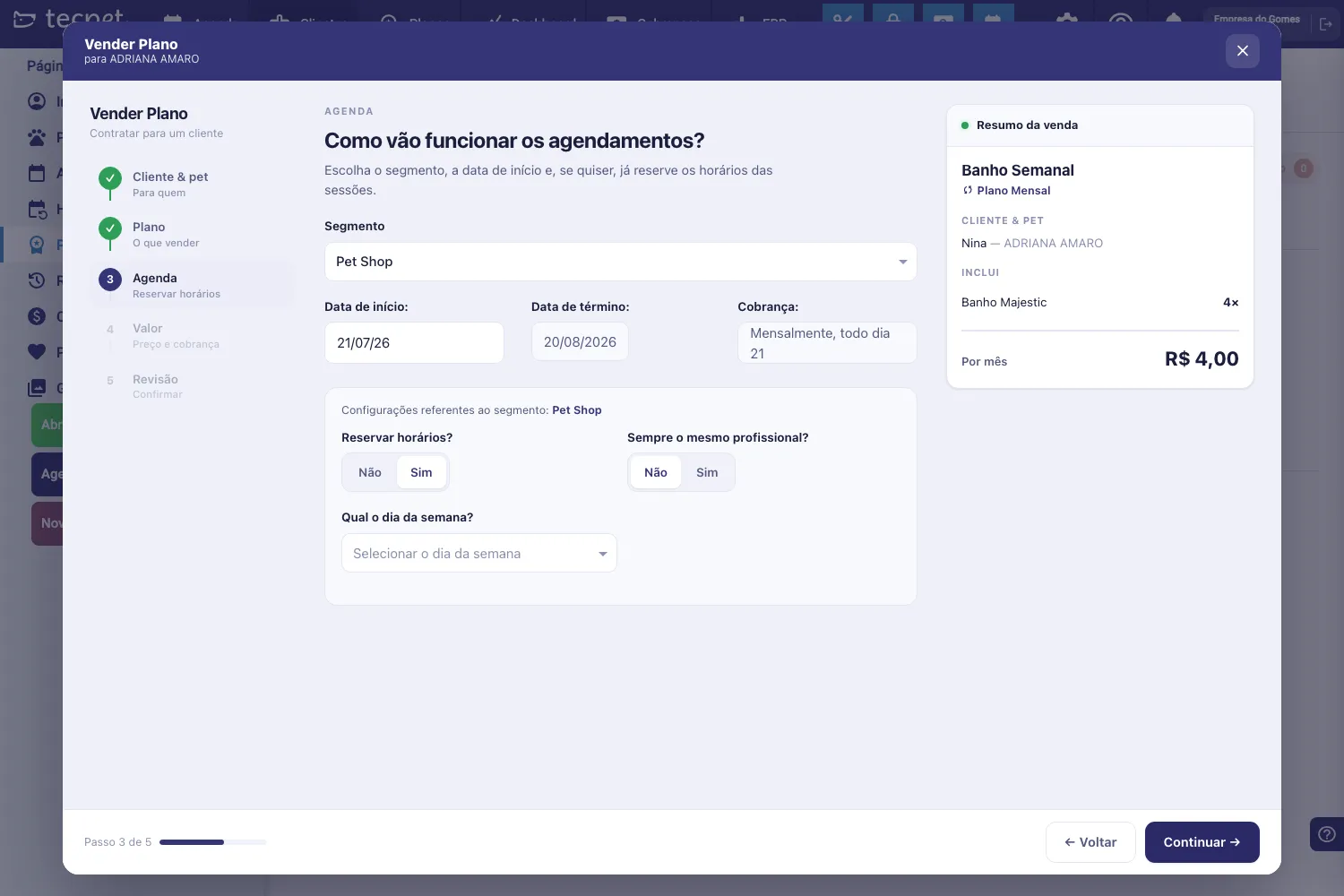 Etapa 3 do assistente: segmento, datas de início e término, cobrança e o cartão de configurações do segmento