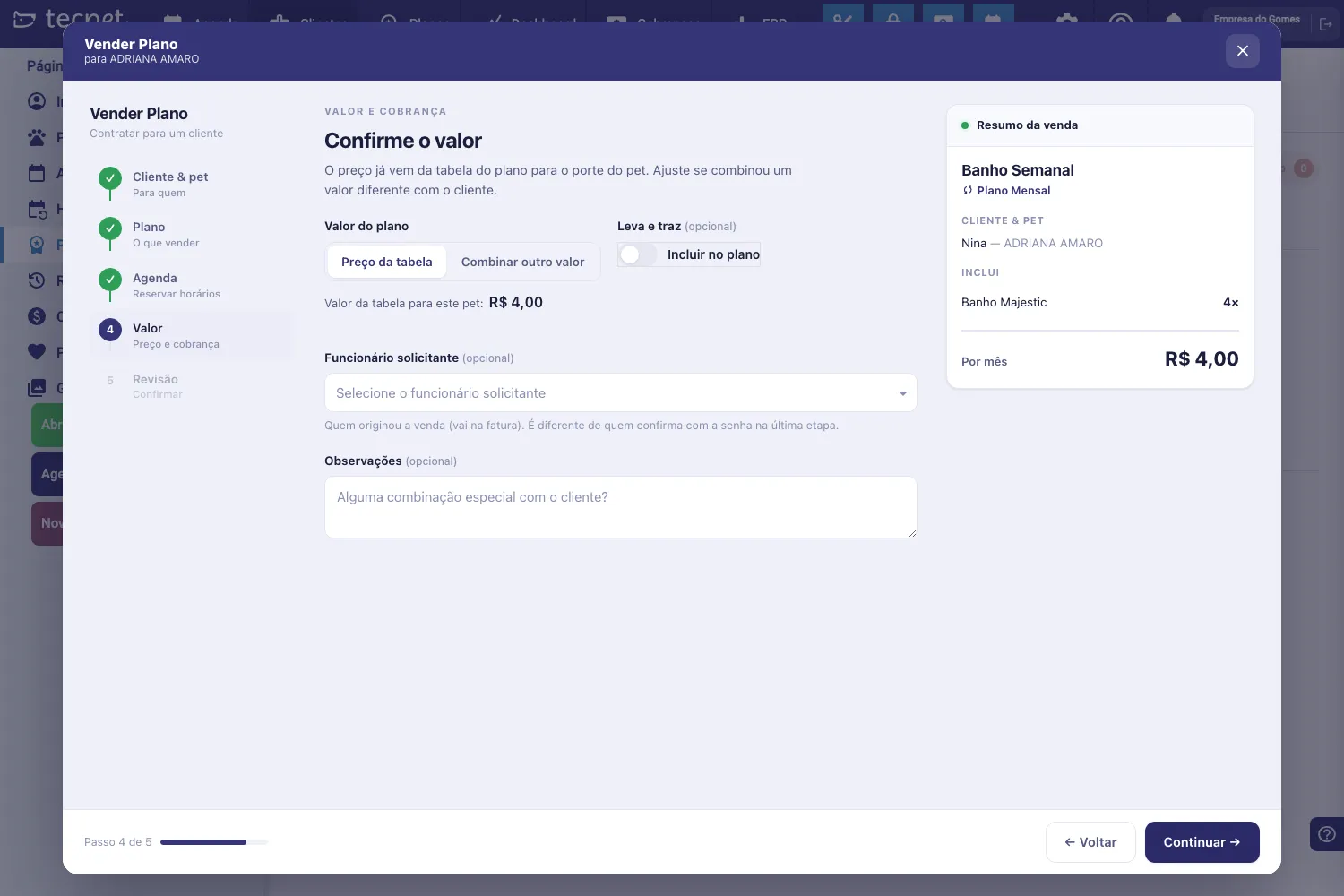 Etapa 4 do assistente: valor do plano com Preço da tabela e Combinar outro valor, leva e traz, funcionário solicitante e observações